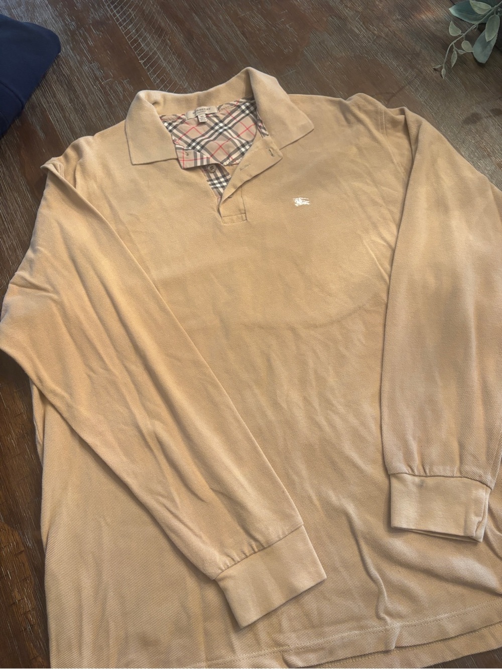 Burberry Beige Long-Sleeve Polo with Check Inner Collar